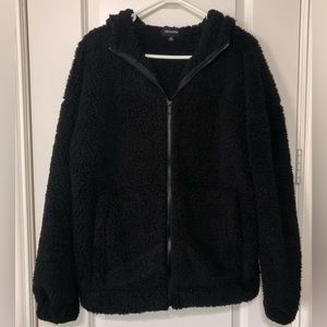 Zenana Sherpa Teddy Zip Up Hoodie Jacket Black Size Small